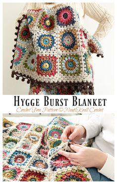 a woman is holding up a crocheted afghan with the words hygge burst blanket on it