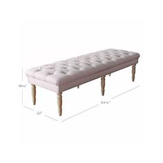 a white bench with wooden legs and tufted upholstered seat, measurements for the length