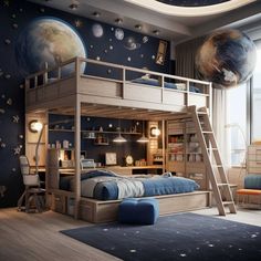 a child's bedroom with a bunk bed and space themed wallpaper