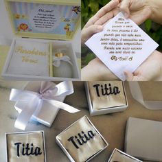 there are four different boxes with the names of babies in them and one is holding a card