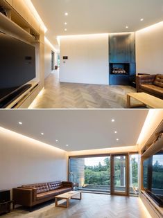 this modern living room has wood floors and white walls, while the television is mounted on the wall