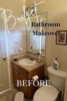 bathroom makeover before and after with the words budget bathroom makeover written over it