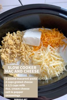 ingredients for slow cooker macaroni and cheese in crock pot with instructions