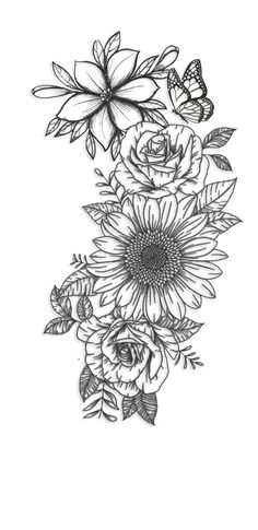 a black and white drawing of flowers with butterflies flying around the flower petals on top