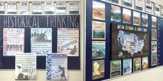 several posters are hanging on the wall in front of a bulletin board that says historical thinking