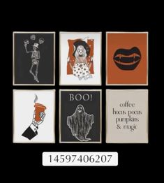 four different paintings on black and white paper with the words boo, coffee bags, pumpkins & magic