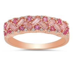 Dazzle and delight with this pink ombre baguette-cut band ring, a stunning piece that captures the essence of elegance and modern charm. Crafted from lustrous sterling silver, this ring features a sleek band adorned with a gradient of baguette-cut Diamonique simulated diamonds in mesmerizing shades of pink. Perfect for adding a touch of sophistication to any ensemble, this ring is versatile enough to wear as a standalone statement piece or stacked with other favorites. Pink Half Eternity Jewelry, Pink Jewelry With Baguette Diamonds For Anniversary, Pink Baguette Cut Fine Jewelry Ring, Pink Baguette Cut Diamond Ring For Anniversary, Pink Baguette Cut Diamond Ring, Fine Jewelry Pink Baguette Diamonds, Pink Baguette Diamond Rings For Anniversary, Pink Baguette Diamond Fine Jewelry, Pink Baguette Diamond Rings For Wedding