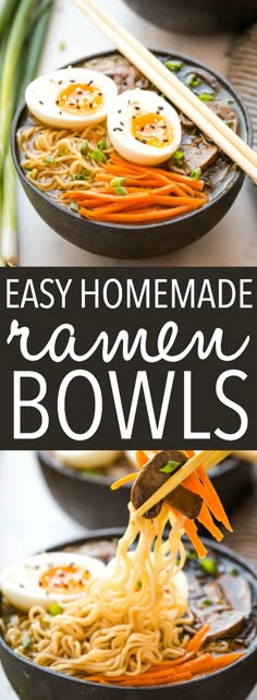 easy homemade ramen bowls with carrots, noodles and eggs in them are ready to be eaten