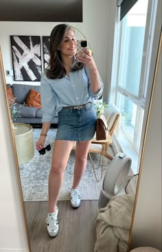 Woman mirror selfie wearing a blue button down shirt, denim mini skirt and adidas samba og. Summer outfits 2023, outfit inspo, outfit ideas, summer trends Adidas Samba With Skirt, Skirt Samba Outfit, Denim Shoes Outfit Fashion Ideas, Samba Addidas Outfits, Sambas Adidas Women Outfit Skirt, Adidas Sambas Outfits Women Summer, Samba Skirt Outfit, Mini Skirt Denim Outfit, Adidas Samba Og Women Outfit