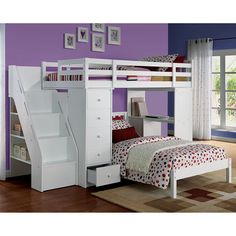 a white bunk bed with stairs next to a purple wall and carpeted flooring