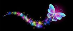 a colorful butterfly flying through the air with sparkles on it's wings and tail