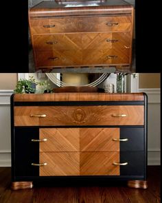 an old dresser has been painted black and gold