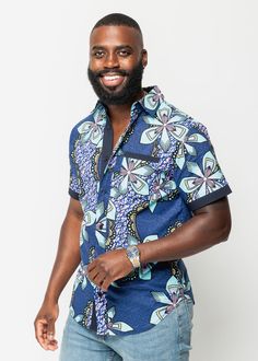 Style#M2046LBI Look relaxed and regal in our Light Blue Iris Button-Up Shirt. Perfect for vacation, styling it casually or a night out dressing it up. Stay fresh with our Deion men's shirt in a new spring color! Shop the matching looks here. Description Button-up All﻿-over-print 100% Cotton Ankara body Curved Hem Designed in the USA, Imported Care Instructions Dry clean only. Do not bleach. Iron inside out. Model Height – 6’ | Chest 38.5” | Waist 33” | Hips 40” | Size M African Print Peplum Top, Pink Iris, Printed Peplum Top, Blue Iris, African Clothing For Men, African Shirts, African Inspired Fashion, Spring Color, Stylish Outfit