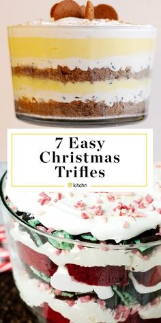 an easy christmas trifle recipe in a glass dish with the title overlay reading 7 easy christmas trifles