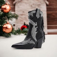 These Rhinestone Cowboy Boots For Women Are Designed With Embroidered And Stitching, Pointed Toe, Rivet, Flat With Chunky Heel, Anti-Skid Rubber Sole. Pull-On Cowboy Boots With Side Zipper Design, Easy To Put On And Take Off. Height Of Heel 9.5cm/ 3.74 In. The High Heel Height Is Easy To Match. These Women's Ankle Boots & Booties Are Worn By Comfort/ Breathable/ Warm. Western Boots With Rhinestone Fringe For Fall, Western Rhinestone Fringe Boots For Fall, Western Party Boots With Fringe, Embellished Festival Boots For Fall, Black Boots With Rhinestone Fringe For Party, Winter Boots With Rhinestone Fringe, Fall Rhinestone Fringe Boots For Night Out, Fall Night Out Boots With Rhinestone Fringe, Black Rhinestone Fringe Boots For Party