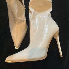 Fashion Nova Cream Color Patent Leather Look Ankle Boots. Pointy Toe With Gold Tone Metal 5 Inch Heel New Unworn Trendy Cream Boots For Party, Trendy Cream Party Boots, Chic Cream Heeled Boots For Party, Fitted Cream Heeled Boots For Party, Cream Pointed Toe Heeled Boots For Party, Spring Chic Patent Leather Heeled Boots, Chic Patent Leather Heeled Boots For Spring, Elegant Patent Leather Heeled Boots For Spring, Elegant Spring Patent Leather Heeled Boots