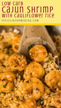 shrimp and rice in a skillet with the title text overlay reads low carb cajun shrimp with cauliflower rice