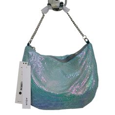 Chic Classics Get A Sexy, Modern Update In This Aqua's Exclusive Collection Of Need-Now Styles. Chain Shoulder Strap, 8" Drop Approx. Dimensions: 10.5"W X 0.75"D X 7"H Approx. Zip Closure Interior Slip Pocket Silver-Tone Hardware Polyester Lining 100% Aluminum Mesh Msrp: $98.00 New In Box With Tags Trendy Iridescent Party Bag, Iridescent Rectangular Shoulder Bag For Party, Aqua Bag, Mermaid Purse, Round Purse, Green Mermaid, Blue Tote, Pink Purse, Pretty Bags