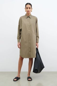 Green Cotton Button-Down Dress - Raphaela Shirtdress | Marcella Shirtdress Outfit, Summer Slides, Her Cut, Braided Sandals, Sweatshirt Fabric, Oxford Dress, The A Team, Dress Cuts, Shirtdress