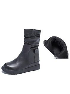 Black Fold Zipper Cow Leather Short Boots - rrdeye Black Faux Leather Mid-calf Boots With Round Toe, Casual Black Mid-calf Boots With Round Toe, Black Closed Toe Mid-calf Boots For Winter, Outdoor Black Leather Mid-calf Boots, Casual Black Faux Leather Mid-calf Boots, Black Mid-calf Flat Heel Boots For Winter, Casual Black Leather Mid-calf Boots, Winter Black Mid-calf Flat Boots, Black Mid-calf Boots With Flat Heel, Medium Width