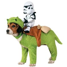 a dog dressed as a storm trooper riding on top of a turtle with a star wars costume