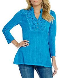 Reba Desert Sky Lace Detail Roll-Tab Shirt Spring Peasant Top With 3/4 Sleeves, Peasant Style 3/4 Sleeve Tops For Spring, Fall Split Neck Tunic, Peasant Style 3/4 Sleeve Spring Tops, Casual Embroidered Top With 3/4 Sleeves For Spring, Casual Embroidered Top With 3/4 Sleeves, Embroidered Cotton Top With 3/4 Sleeves, Spring Long Sleeve Tunic With Embroidered Neckline, Desert Sky