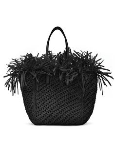 THE PERFECT OPTION FOR YOUR EVERYDAY ESSENTIALS OR WARM-WEATHER GETAWAYS, THIS MINI TOTE BOASTS A RAFFIA-CROCHET CONSTRUCTION WITH TOP HANDLES AND DRAMATIC FRINGE DETAILING. TOP HANDLES / OPEN TOP / UNLINED / SPOT CLEAN DIMENSIONS: 18 CM X 20 CM X 18 CM WEIGHT: 230 GRAMS TOP HANDLE DROP LENGTH 15 CM MATERIAL: VISCOSE, LEATHER MADE IN ITALY Crochet Construction, Ysl Tote Bag, Crochet Flats, Raffia Crochet, Black Leather Tote Bag, Raffia Bag, Crochet Tote, Crochet Square, Orange Bag