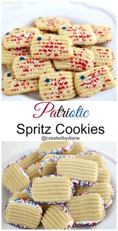 patriotic spritz cookies on a white plate with red, white and blue sprinkles