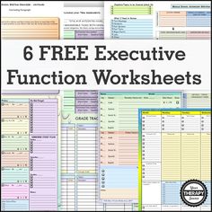 six free executive function worksheets with the text 6 free executive function worksheets