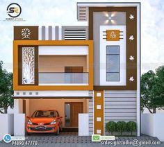 a car is parked in front of a modern style house with orange accents and white trim