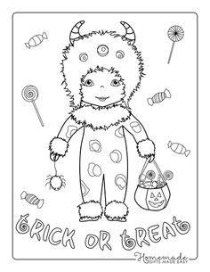 a coloring page with an image of a monster holding candy and lollipops