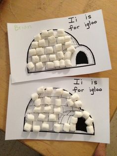 two pieces of paper with marshmallows on them