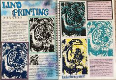 an open book with pictures of tigers and other animal designs on it's pages