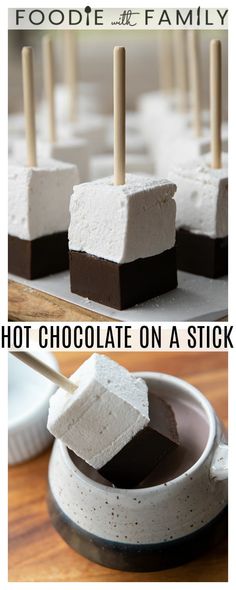 chocolate covered marshmallows on a stick with text overlay that reads, hot chocolate on a stick