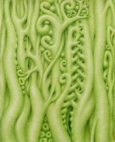 an abstract painting with green colors and swirly lines on it's surface, as if in nature