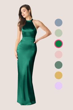 a woman in a long green dress standing next to an assortment of color swatches