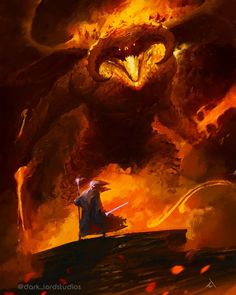 a man standing on top of a hill in front of a fire breathing dragon and demon