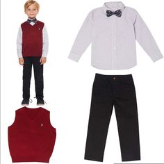 Brand New With Tag Andy & Evan 4-Piece Formal Vest Set ~Brand: Andy & Evan ~Size: 4t, 5, 6 Or 7 ~Color: Red, Black, Gray And White ~Kids' 4-Piece Vest Set ~Set Includes: 1 Red Sweater Vest, 1 Gray Checkered Long Sleeve Button Down, 1 Black Bow Tie, 1 Black Pant. ~Bow Tie Is Adjustable And Removable ~Pant Has Stretch And An Adjustable Waist ~Red Vest Comes With Penguin Embroidery On Chest ~Vest: 100% Acrylic ~Shirt: 60% Cotton / 40% Polyester ~Pant: 97% Cotton / 3% Spandex ~Bowtie: 100% Polyester Cotton School Sets For Fall, Fitted School Sets For Fall, Fitted Sets For School In Fall, Classic Red Fall Clothing Sets, Chest Vest, Penguin Embroidery, Red Sweater Vest, Formal Vest, Vest Set