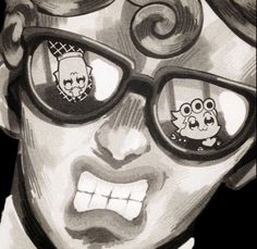 a drawing of a man wearing glasses with cartoon faces on them