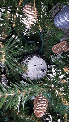 a hedgehog ornament is nestled among pine cones on a christmas tree branch