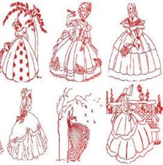 several drawings of women in dresses and flowers