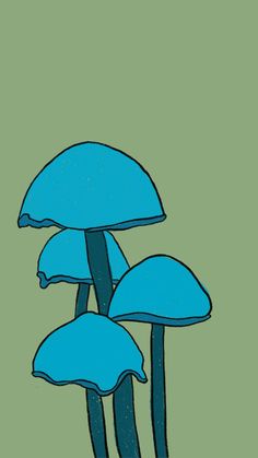 three blue mushrooms on a green background