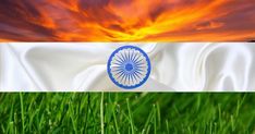 the flag of india is flying in the sky over some green grass and orange clouds