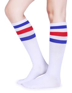 the legs of a person wearing white socks with red, blue and white stripes