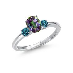 two stone ring with blue and green stones on the sides, set in white gold