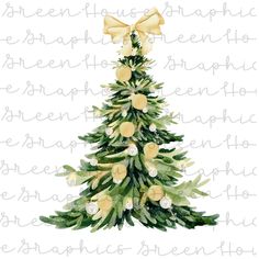 a watercolor painting of a christmas tree with yellow flowers and gold bows on it