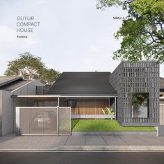 an architectural rendering of a modern house in the middle of a suburban area with grass and trees