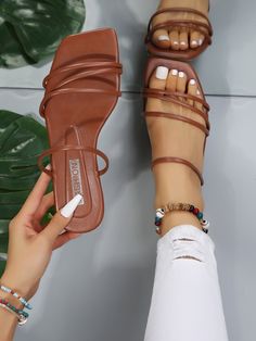 Brown Elegant Collar   Plain Slides Embellished   Women Shoes Latest Flat Sandals For Women, Brown Sandals Flat, Fall Sandals, Women Flat Sandals, Summer Sandals Flat, Modern Sandals, Classy Shoes