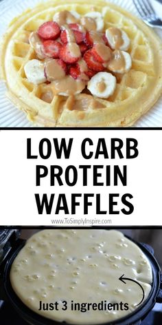 low carb protein waffles with bananas and strawberries on top