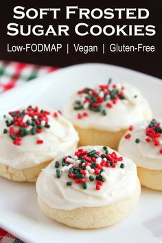 vegan and gluten - free soft frosted sugar cookies on a plate